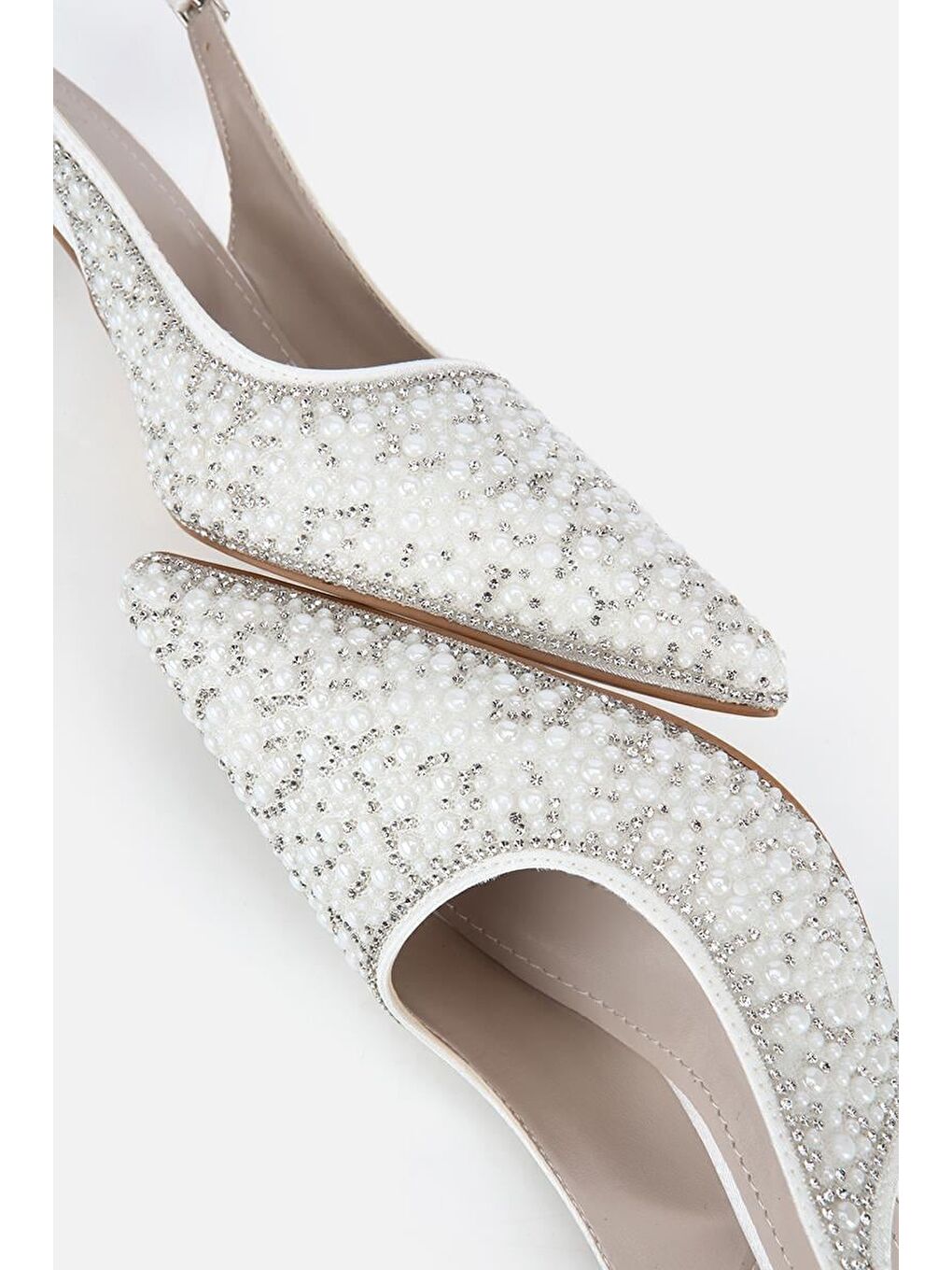 Beyaz Kadın Kemik Taşlı Arkası Açık Stiletto-5