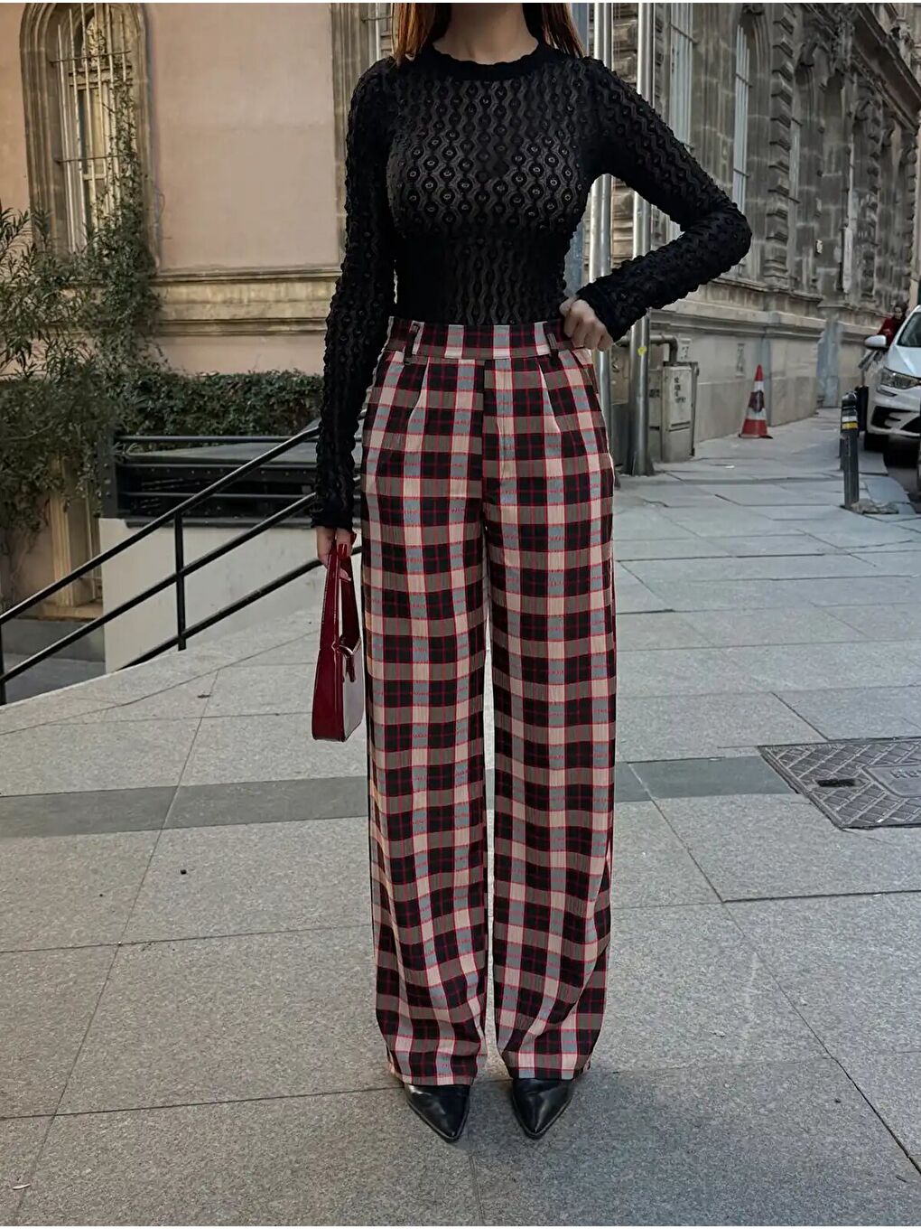Bordo Yüksek Bel İspanyol Paça Ekose Pantolon-1