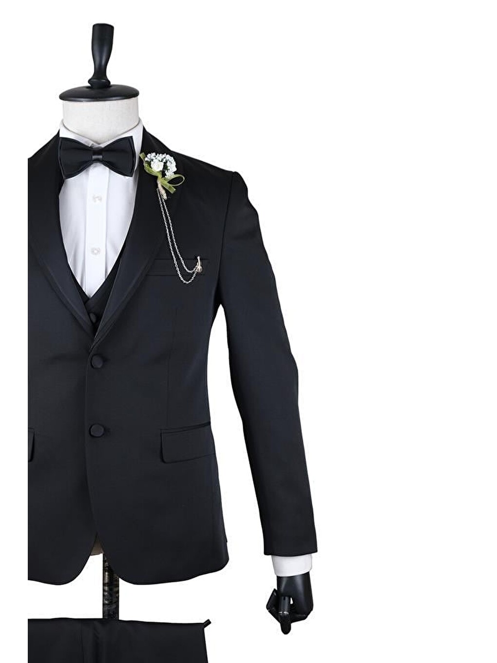 Siyah Armürlü Mono Yaka Astarlı Yelekli 6 Drop Slim Fit Smokin Damatlık 1001220205-1