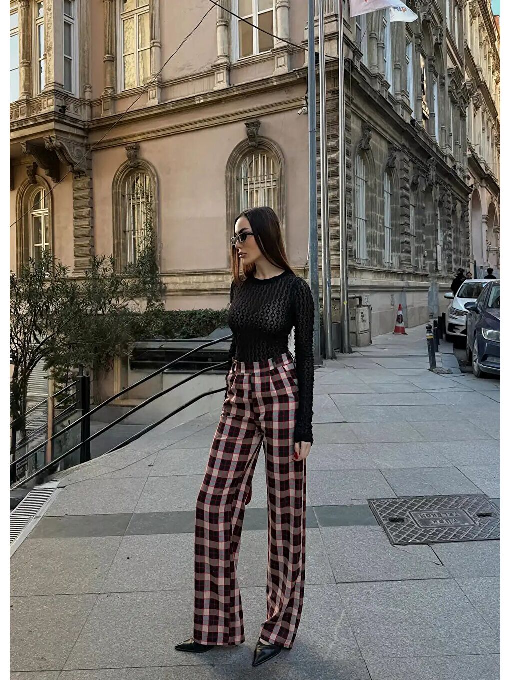 Bordo Yüksek Bel İspanyol Paça Ekose Pantolon-2