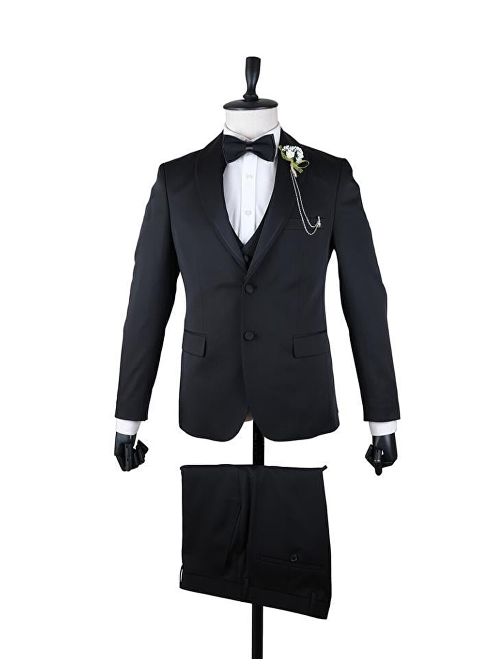 Siyah Armürlü Mono Yaka Astarlı Yelekli 6 Drop Slim Fit Smokin Damatlık 1001220205
