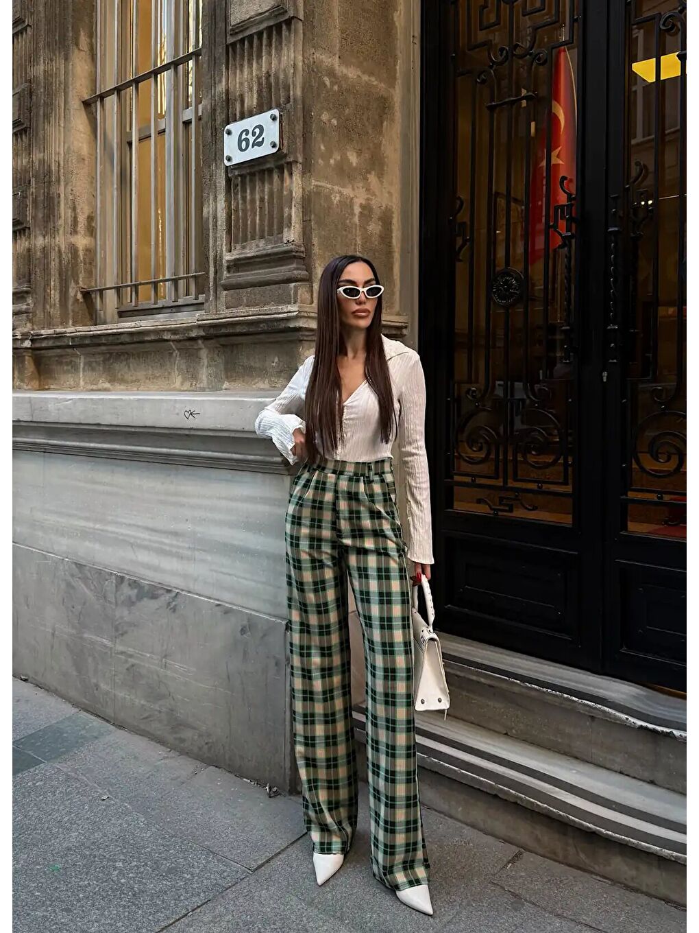 Yeşil Yüksek Bel İspanyol Paça Ekose Pantolon-2