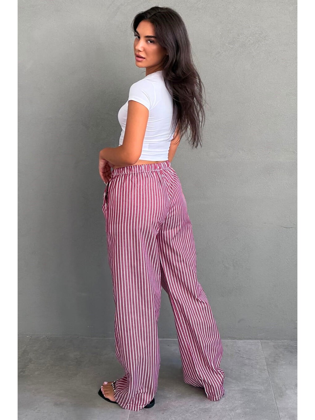 Bordo Beli Ayarlanabilir Çizgili Cepli Bol Paça Kadın Pantolon Mg2312-4