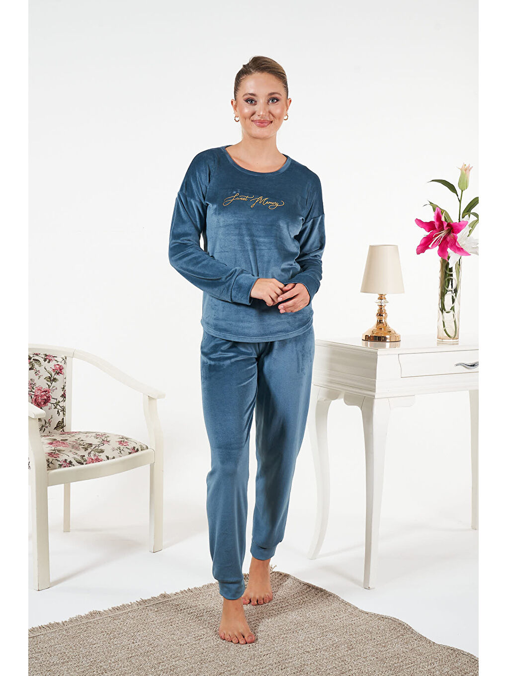 Kadın Kadife Baskılı Pijama Takımı 25383 Petrol-1