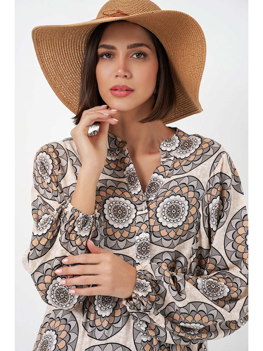 Kadın Desenli Uzun Tesettür Elbise 2585 - C. Bej-1