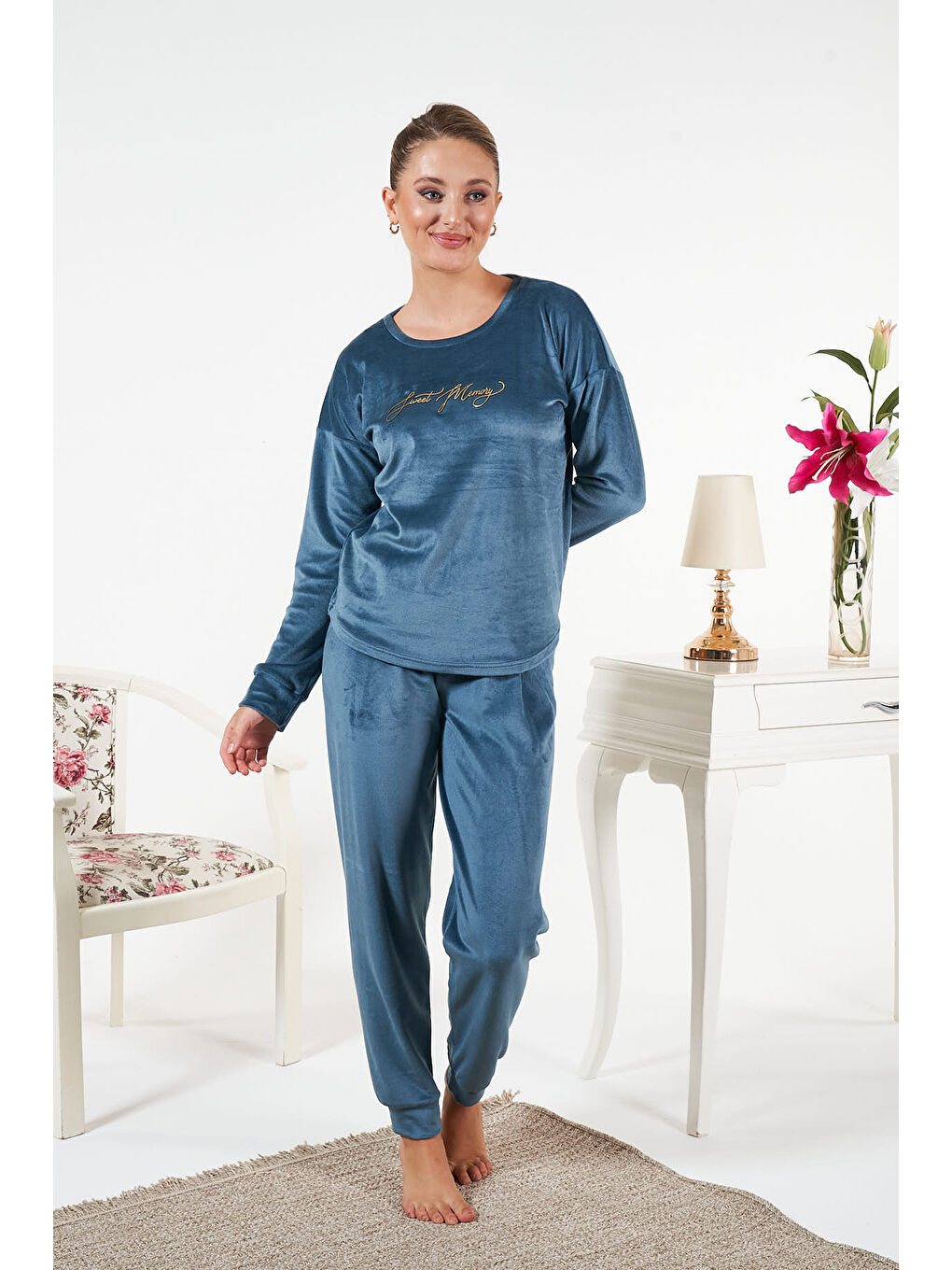 Kadın Kadife Baskılı Pijama Takımı 25383 Petrol-2
