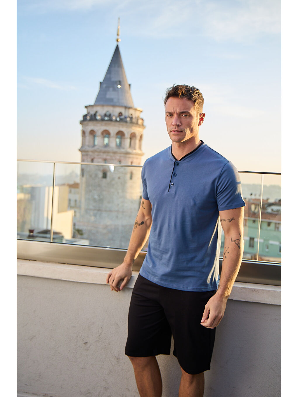 Mavi Erkek %100 Organik Pamuk Doğal Kısa Kollu Şortlu Yüksek Kaliteli Pijama Takımı-1