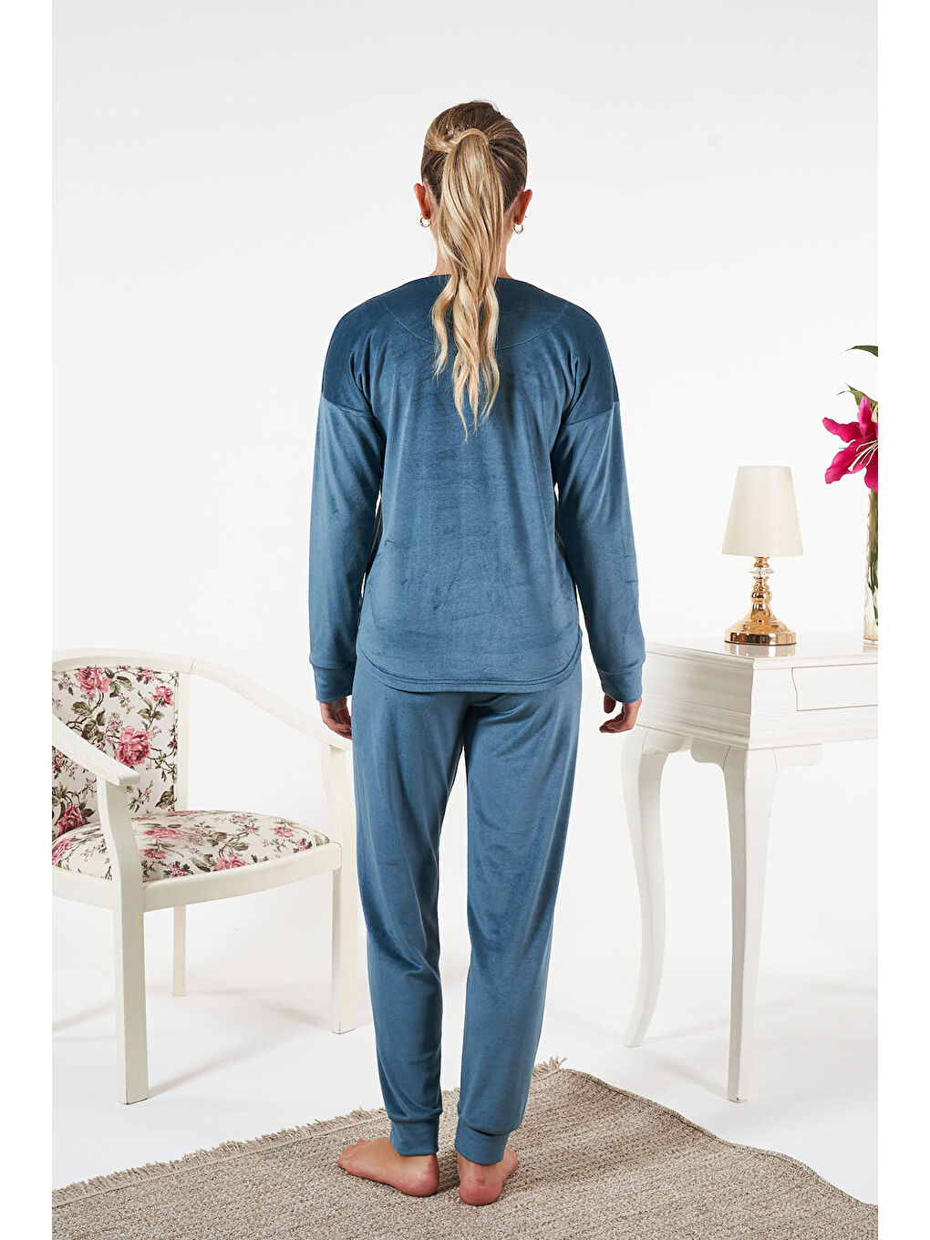 Kadın Kadife Baskılı Pijama Takımı 25383 Petrol-3