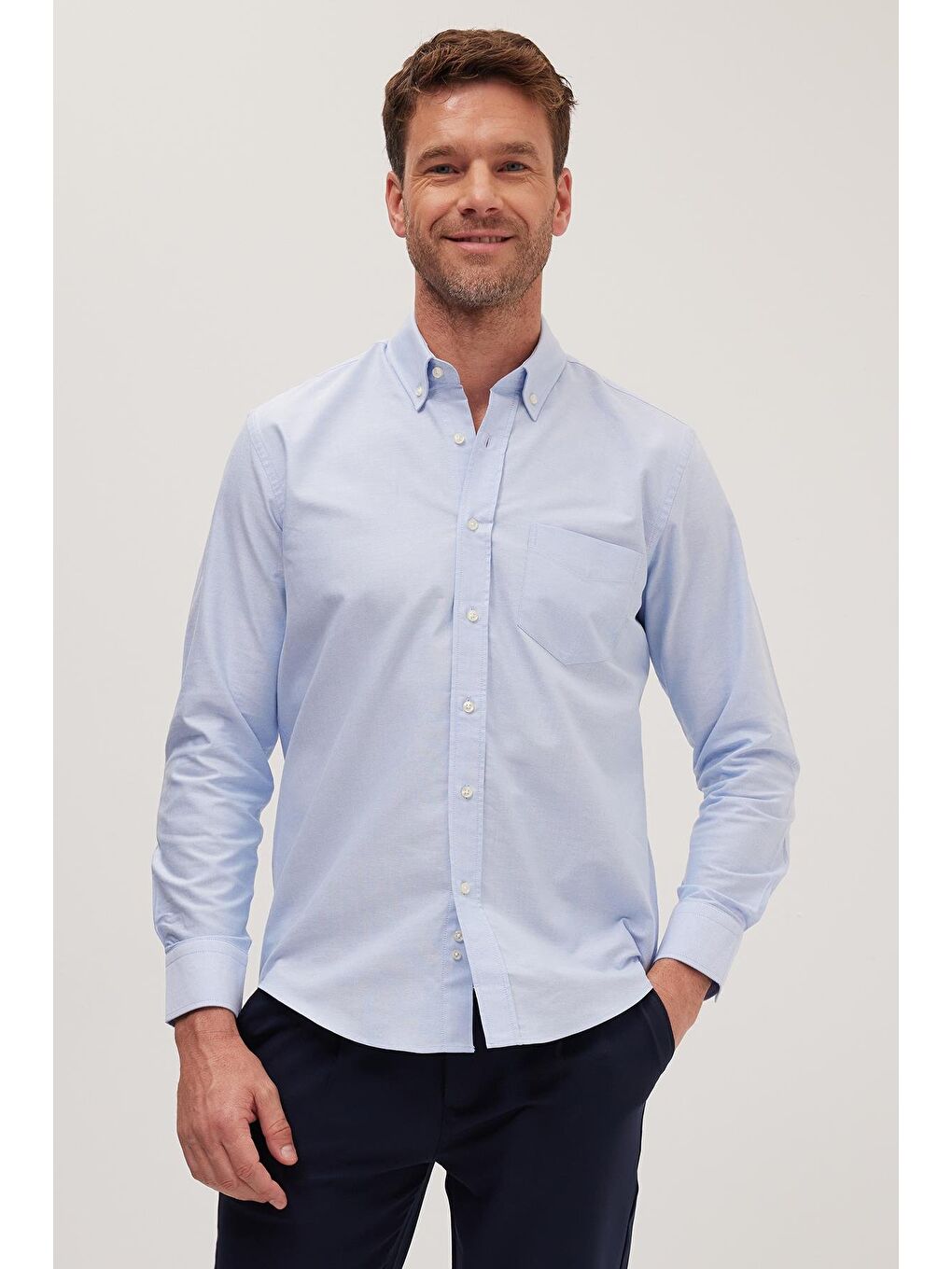 Erkek Regular Fit Klasik Kesim Premium Oxford %100 Pamuk Mavi Gömlek-3