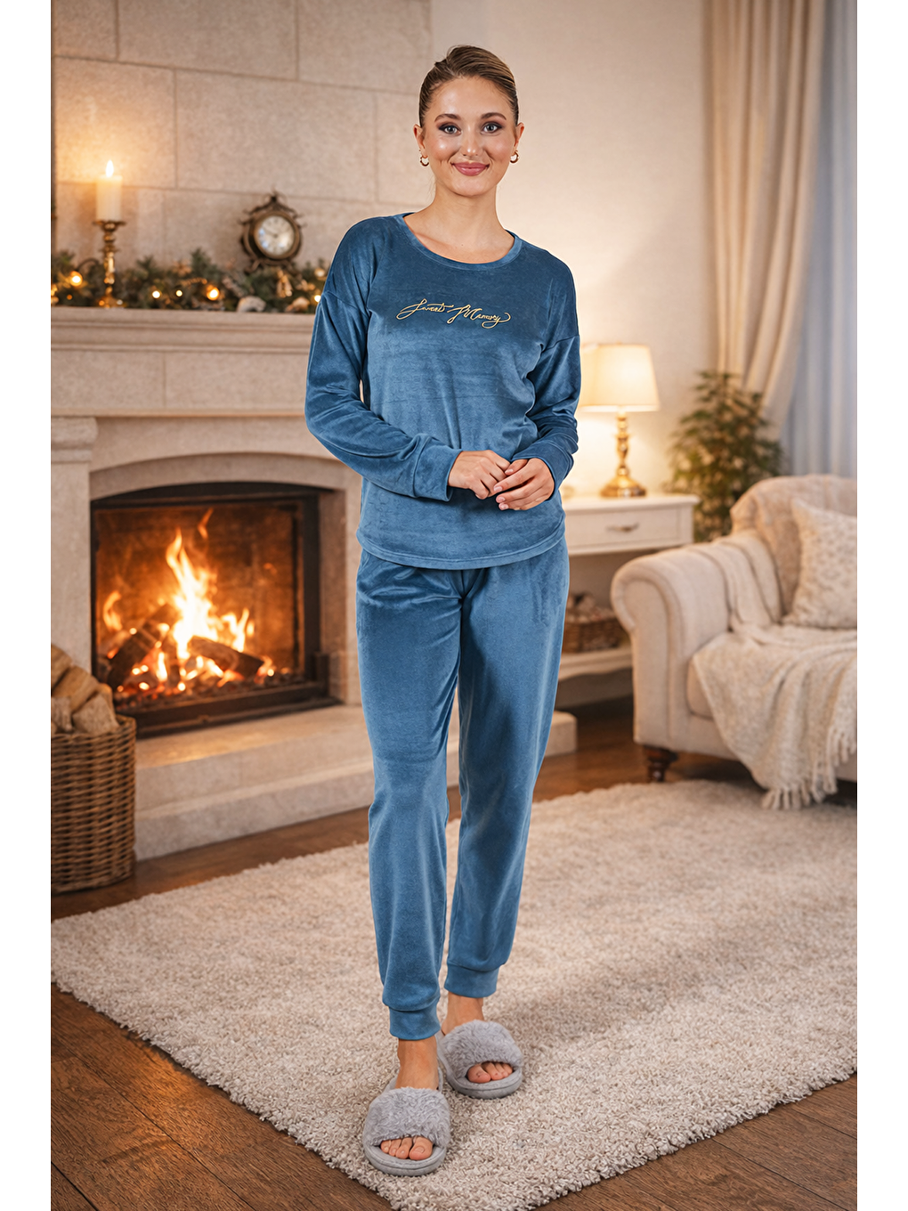 Kadın Kadife Baskılı Pijama Takımı 25383 Petrol-4