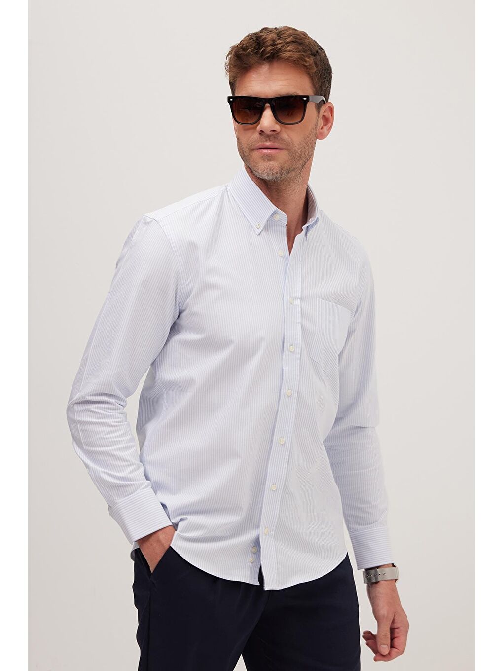 Karışık Erkek Regular Fit Klasik Kesim %100 Pamuk Mavi Çizgili Gömlek-3