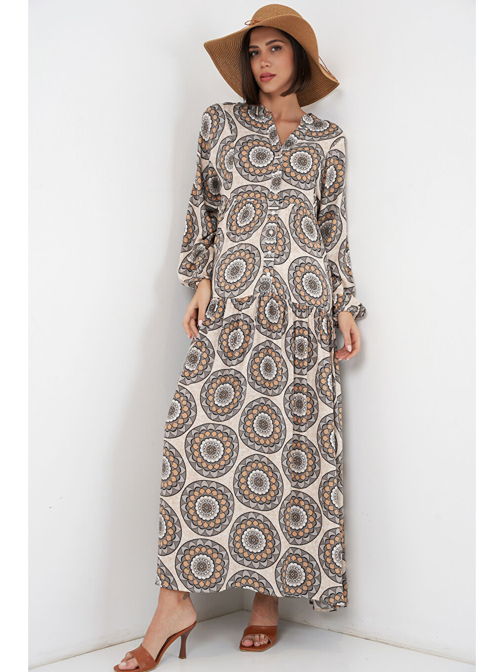 Kadın Desenli Uzun Tesettür Elbise 2585 - C. Bej-2