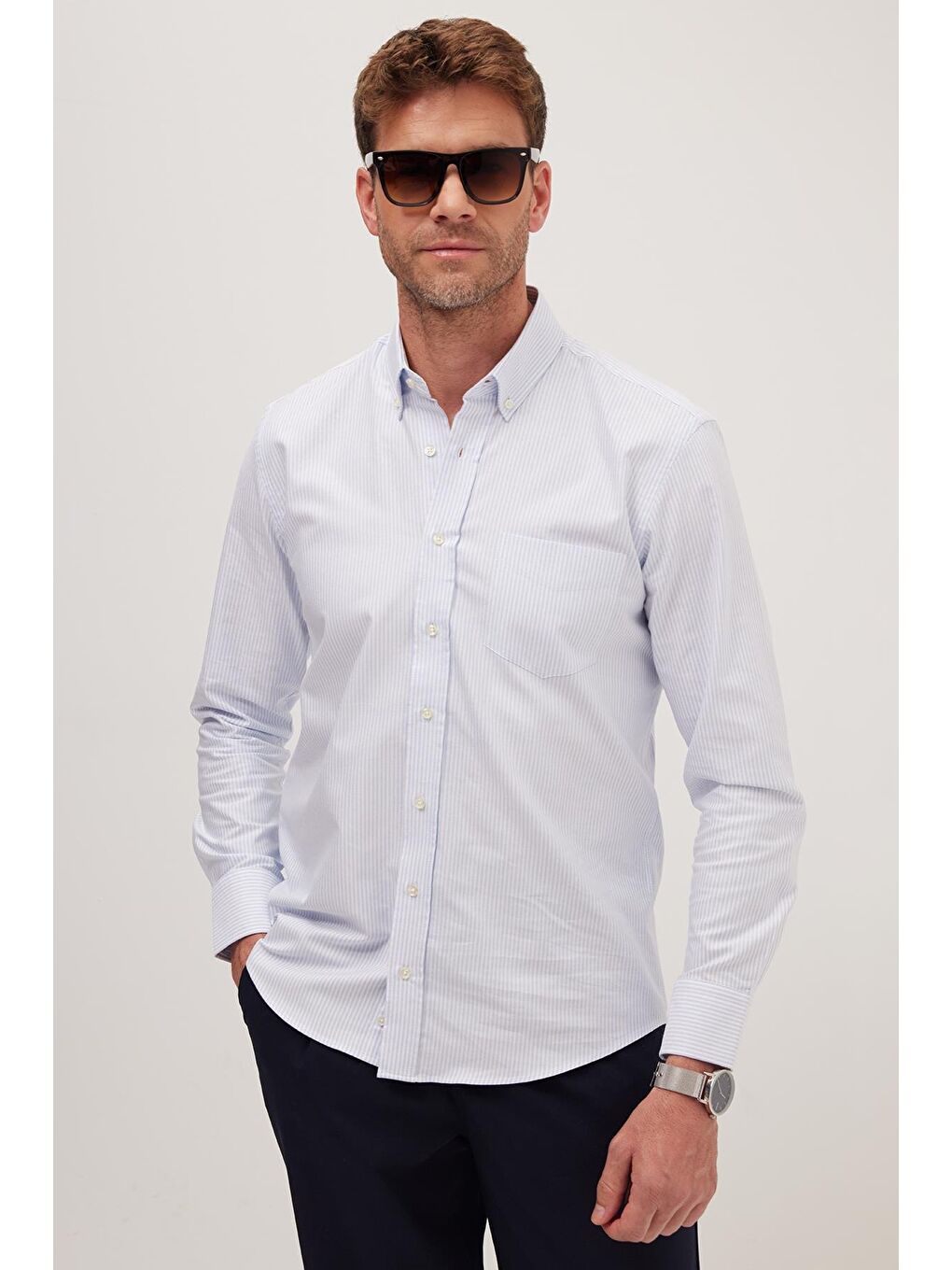 Karışık Erkek Regular Fit Klasik Kesim %100 Pamuk Mavi Çizgili Gömlek-4