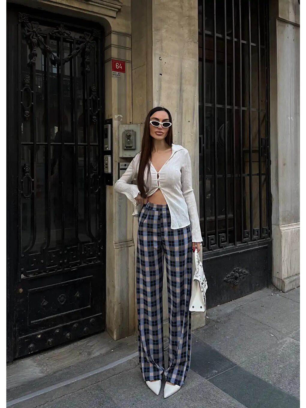 Lacivert Yüksek Bel İspanyol Paça Ekose Pantolon-1