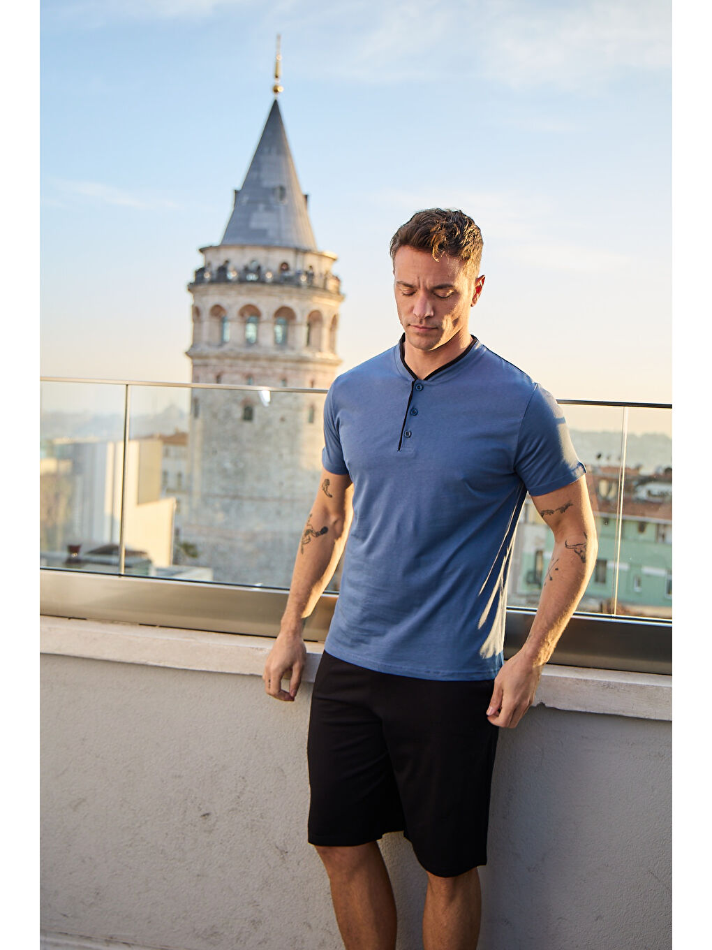 Mavi Erkek %100 Organik Pamuk Doğal Kısa Kollu Şortlu Yüksek Kaliteli Pijama Takımı-2