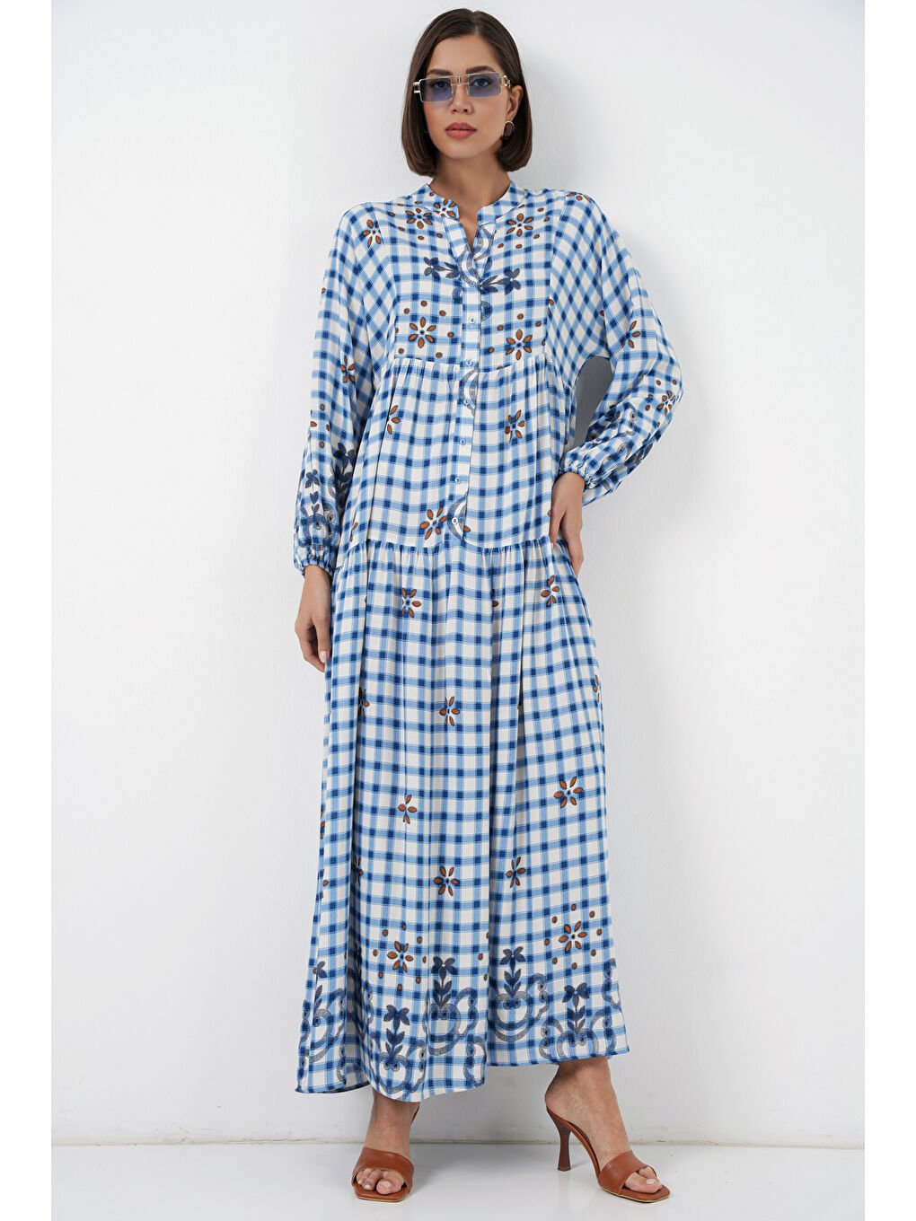 Kadın Desenli Uzun Tesettür Elbise 2585 - A.Mavi