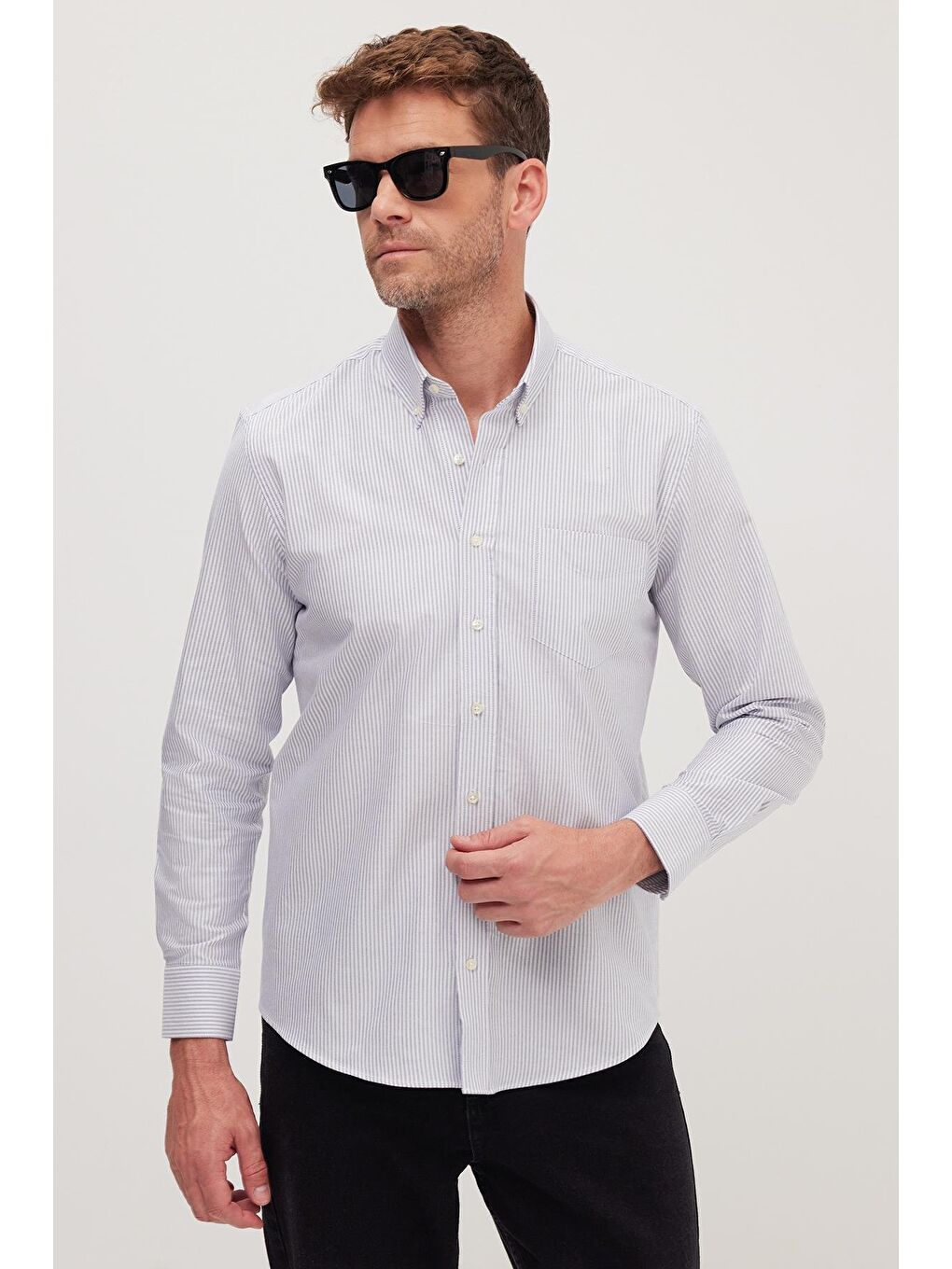 Karışık Erkek Regular Fit Klasik Kesim %100 Pamuk Lacivert Çizgili Gömlek-1