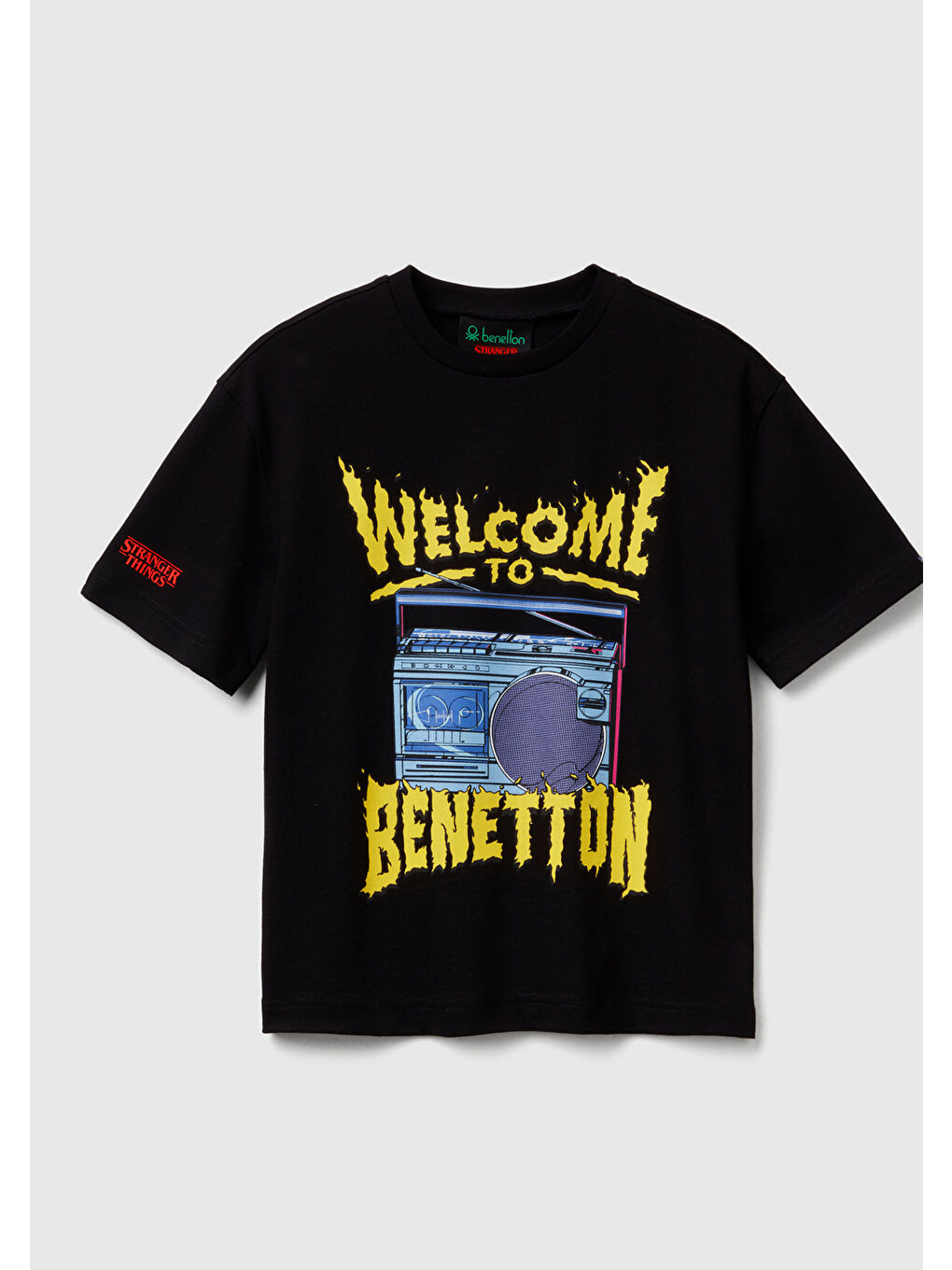 Erkek Çocuk Siyah %100 Pamuk Stranger Things Ön Baskılı Kısa Kollu T-Shirt