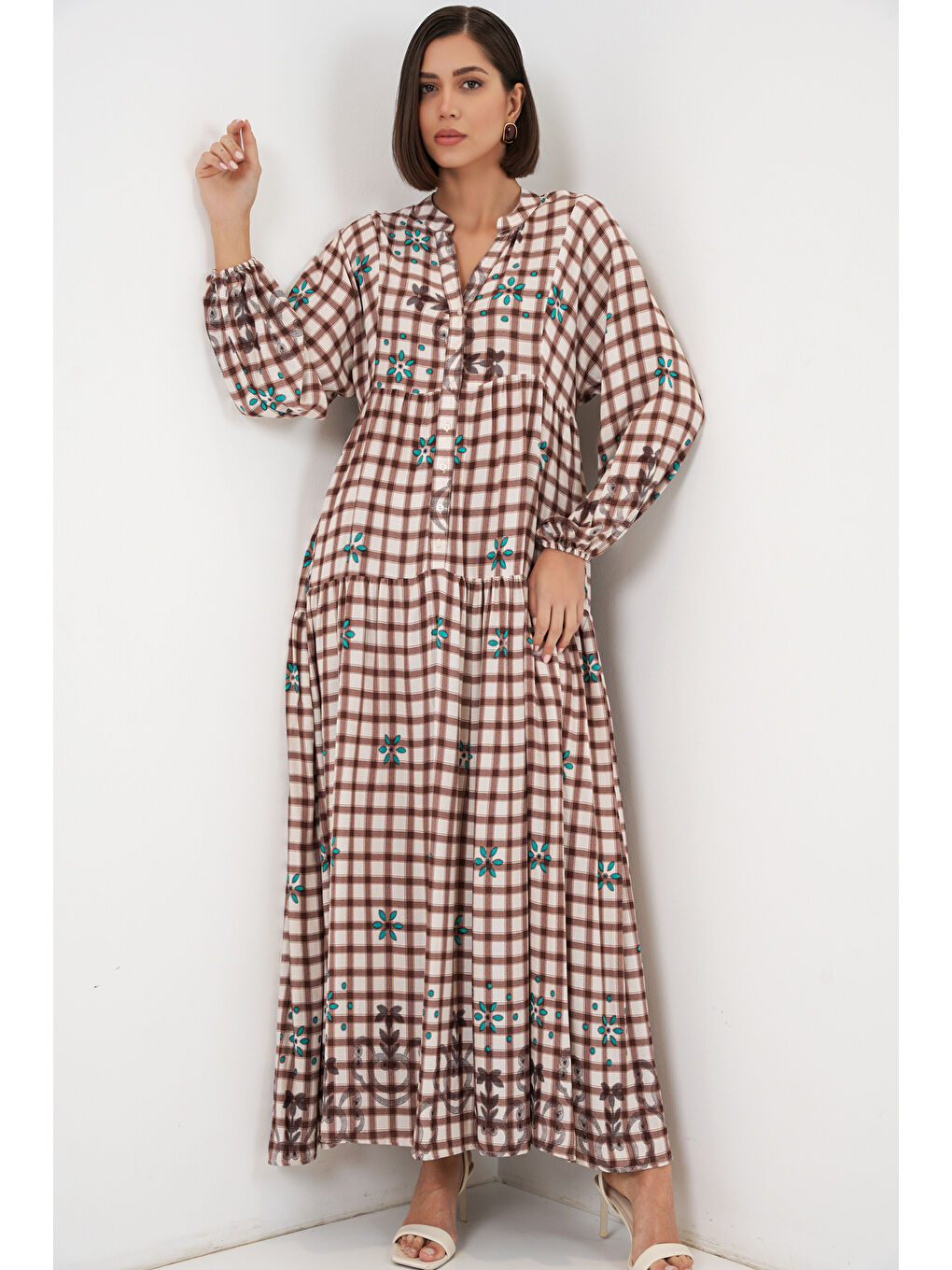 Kahverengi Kadın Desenli Uzun Tesettür Elbise 2585 - A.Taba