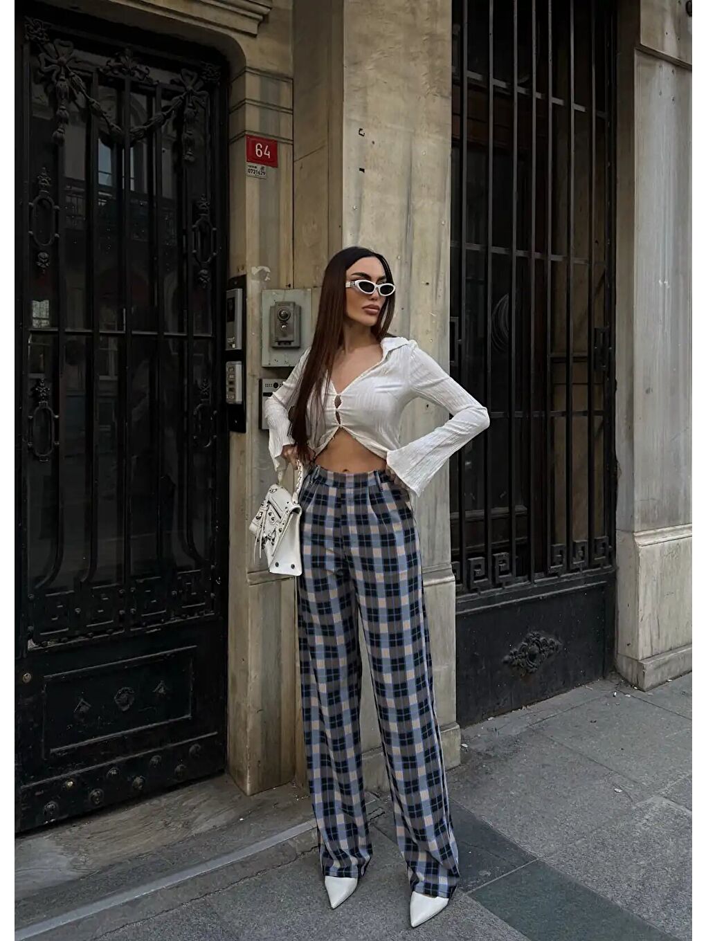 Lacivert Yüksek Bel İspanyol Paça Ekose Pantolon-3