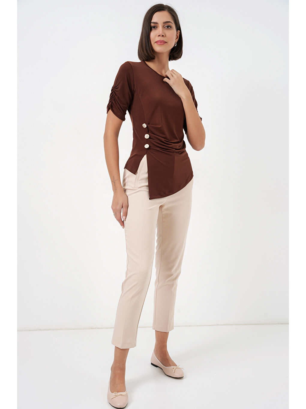 Kadın Düğme Detaylı Sandy Bluz 992 - Kahverengi-1