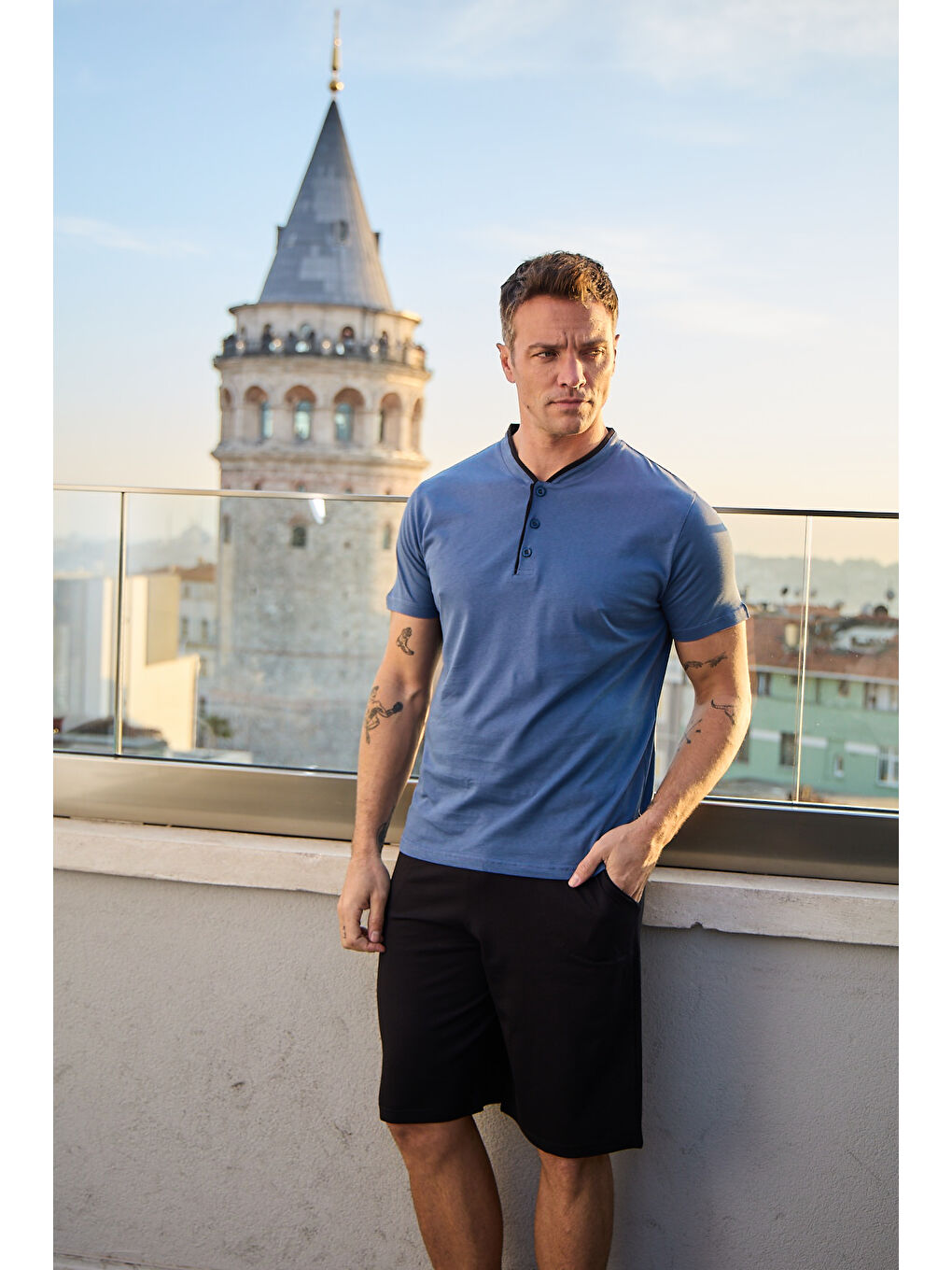 Mavi Erkek %100 Organik Pamuk Doğal Kısa Kollu Şortlu Yüksek Kaliteli Pijama Takımı-3