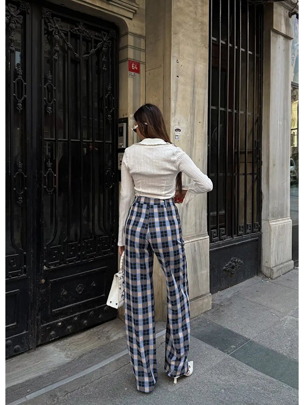 Lacivert Yüksek Bel İspanyol Paça Ekose Pantolon-4