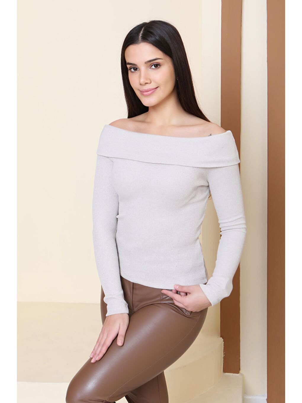 Madonna Yaka Kaşkorse Uzun kollu Bluz Bej - 27897-BEJ-1