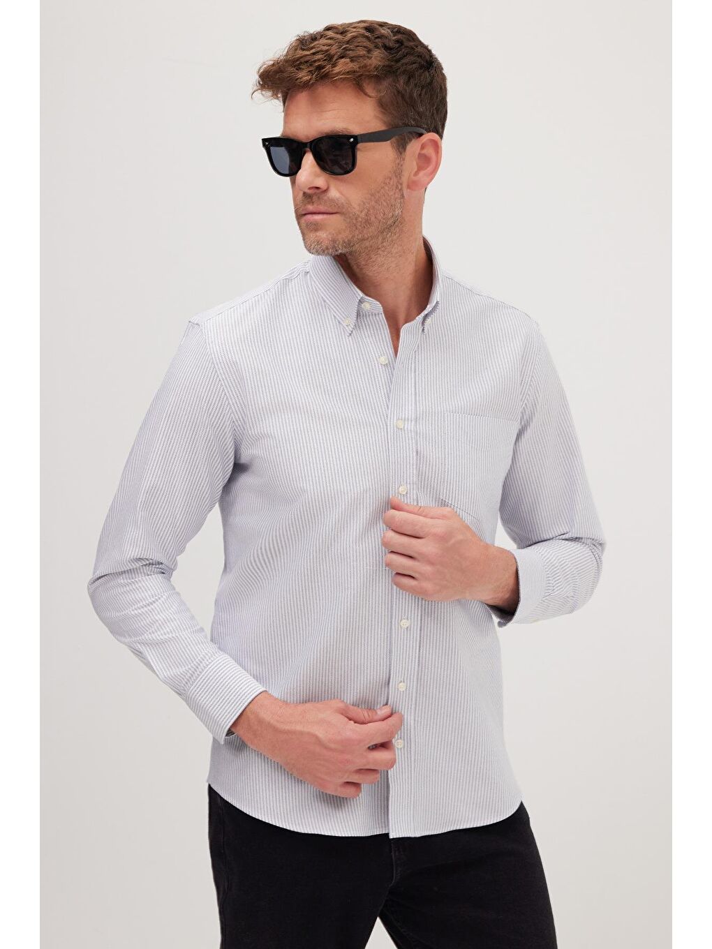 Karışık Erkek Regular Fit Klasik Kesim %100 Pamuk Lacivert Çizgili Gömlek-3