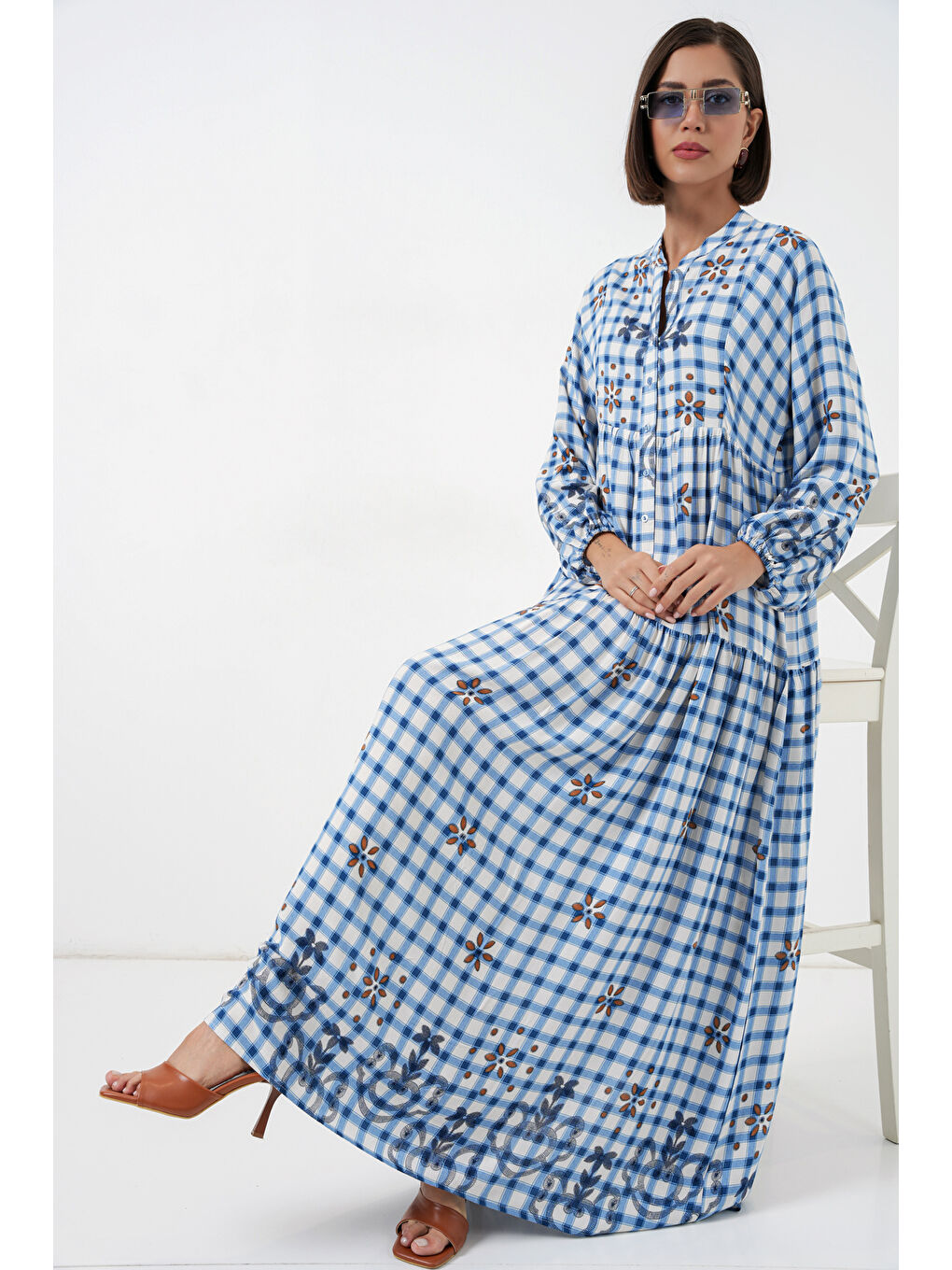 Kadın Desenli Uzun Tesettür Elbise 2585 - A.Mavi-1