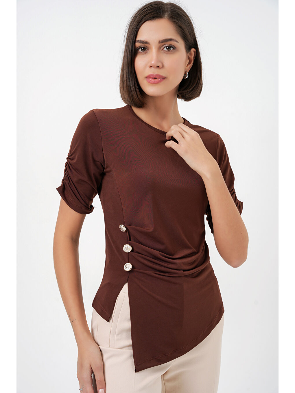 Kadın Düğme Detaylı Sandy Bluz 992 - Kahverengi-2