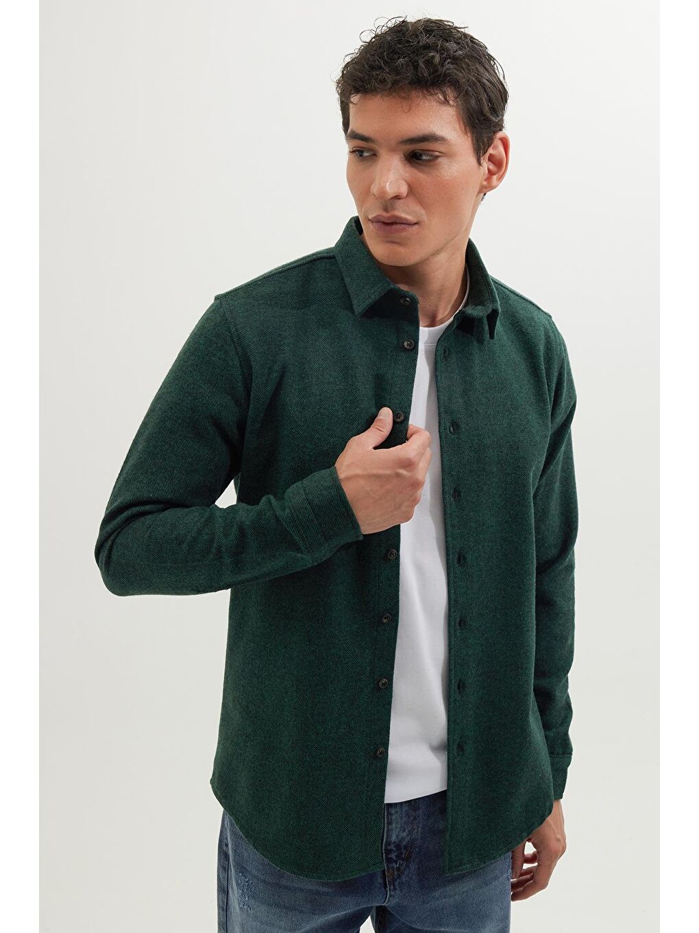 Erkek Slim Fit Dar Kesim Uzun Kollu Düz Kışlık Oduncu Yeşil Gömlek