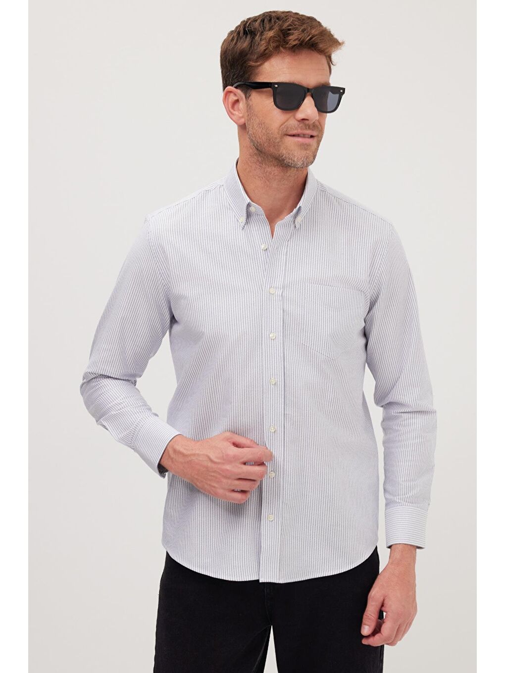 Karışık Erkek Regular Fit Klasik Kesim %100 Pamuk Lacivert Çizgili Gömlek-4