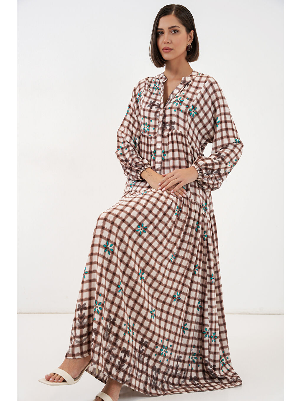 Kahverengi Kadın Desenli Uzun Tesettür Elbise 2585 - A.Taba-1