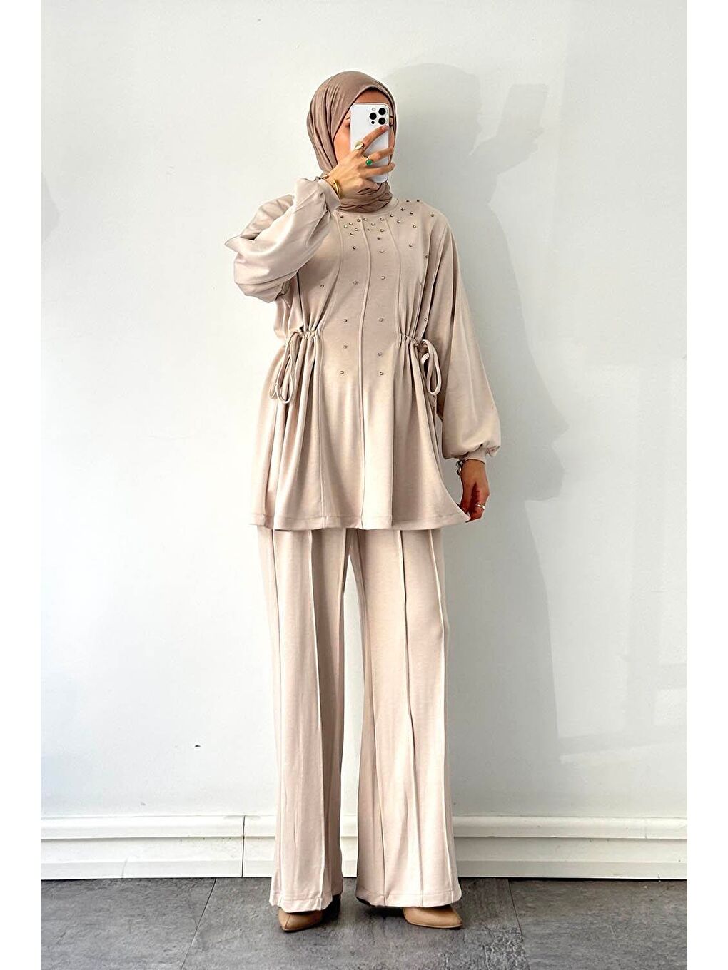 Ekru Taşlı İkili Takım Krem