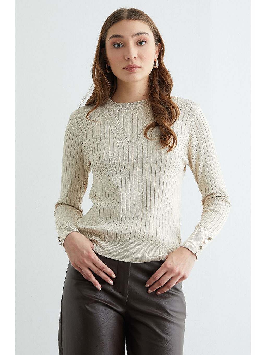 Bej Fitilli Bisiklet Yaka Triko Kazak-1