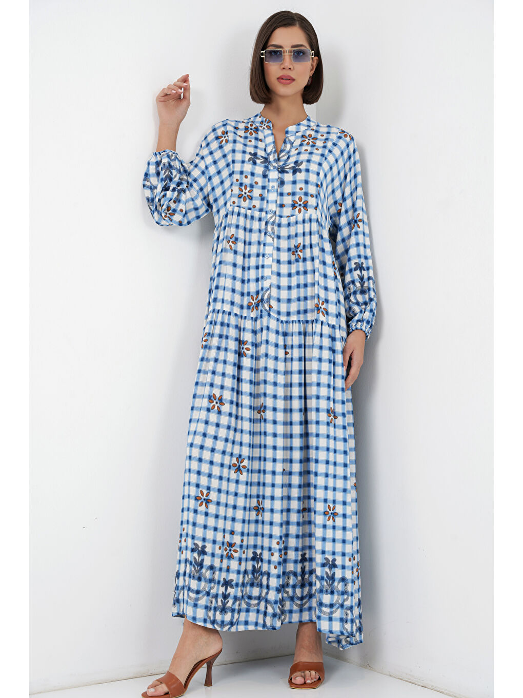 Kadın Desenli Uzun Tesettür Elbise 2585 - A.Mavi-2