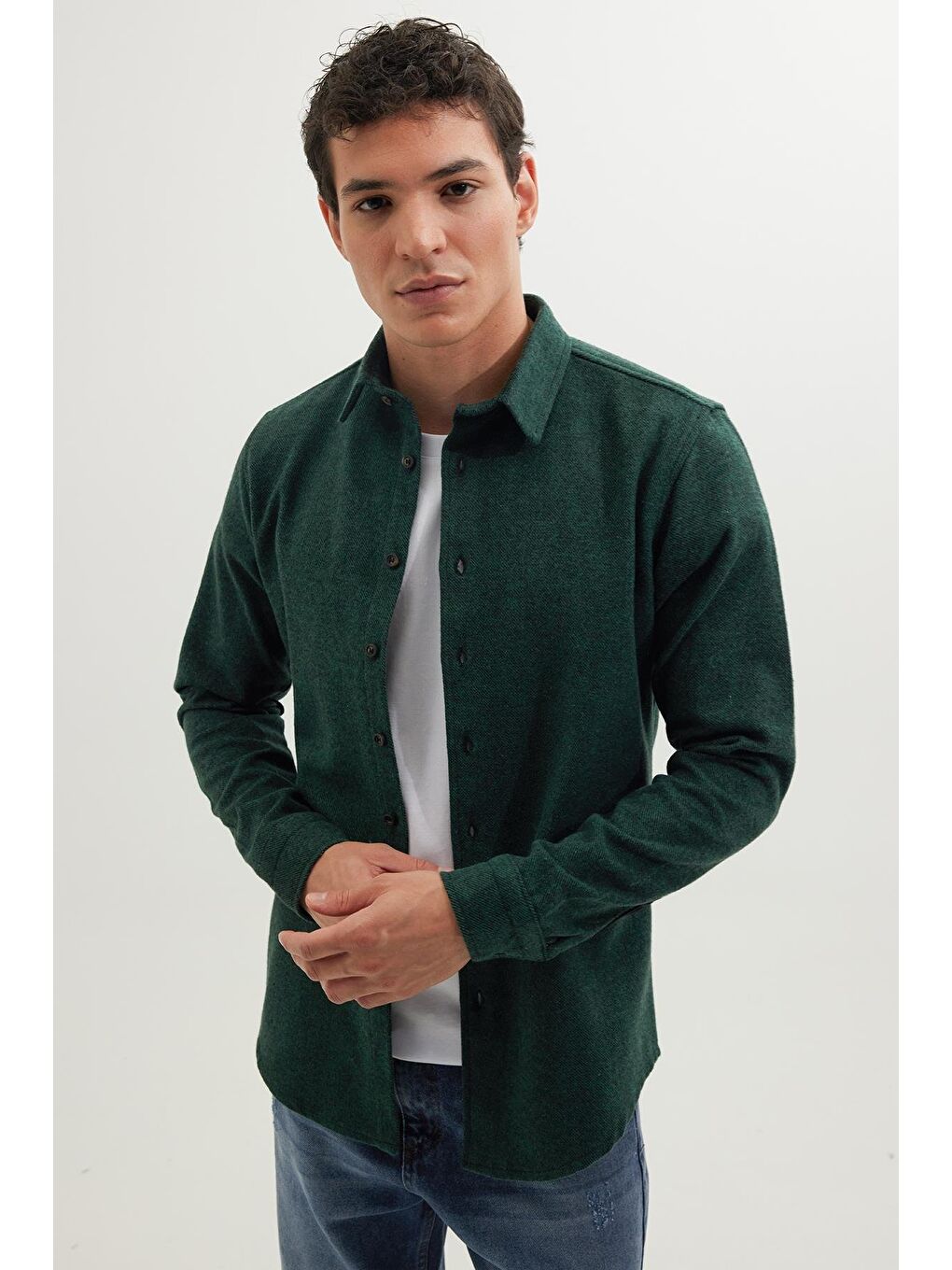 Erkek Slim Fit Dar Kesim Uzun Kollu Düz Kışlık Oduncu Yeşil Gömlek-1