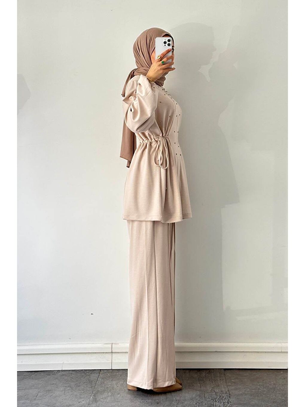 Ekru Taşlı İkili Takım Krem-1