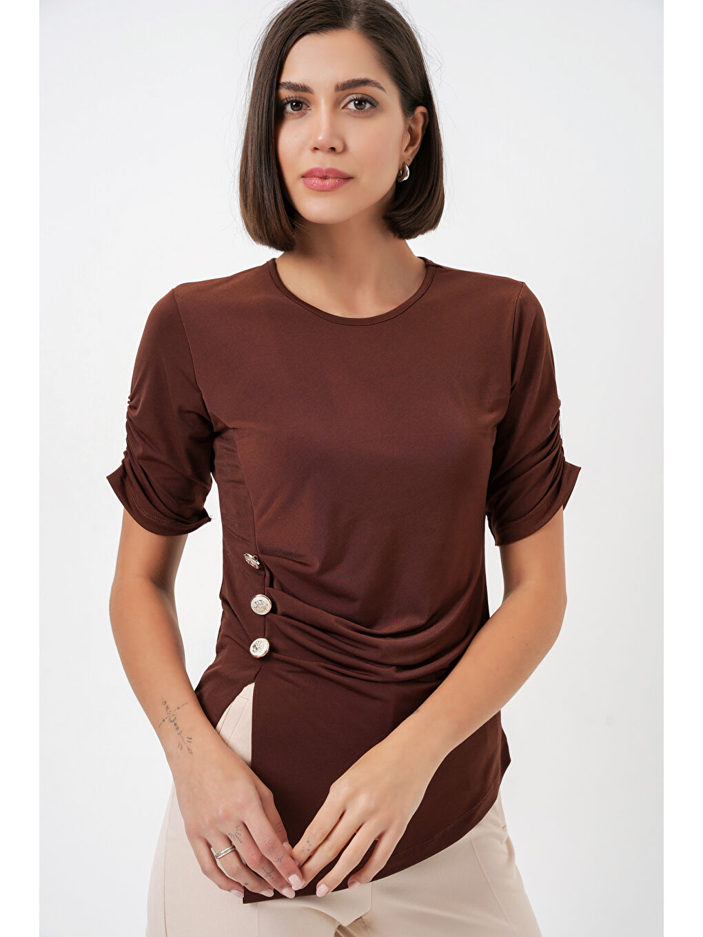 Kadın Düğme Detaylı Sandy Bluz 992 - Kahverengi-3