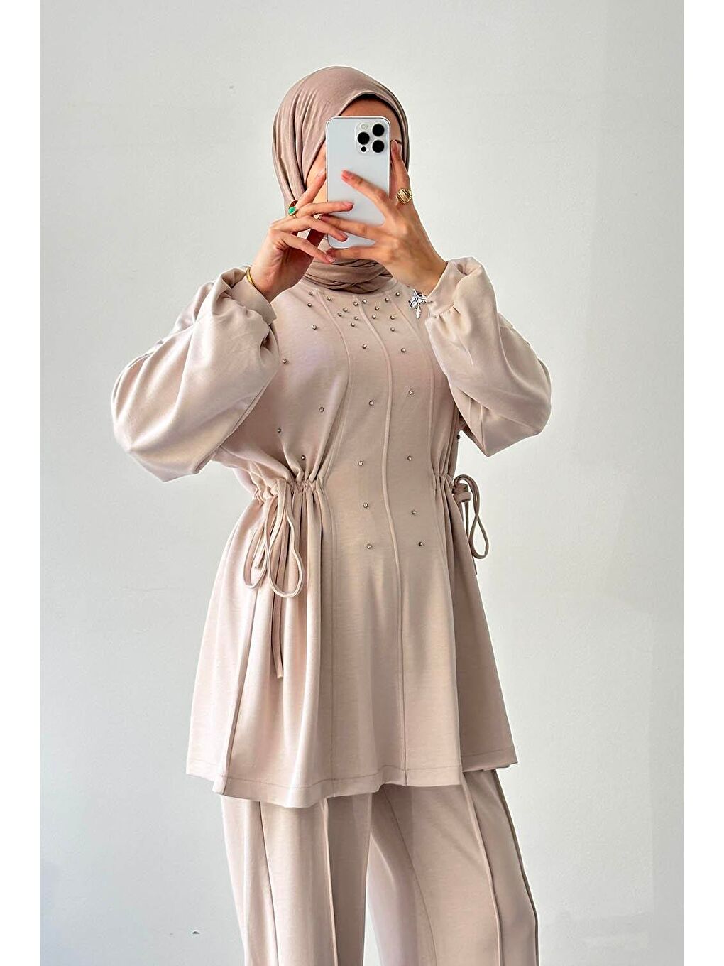 Ekru Taşlı İkili Takım Krem-2