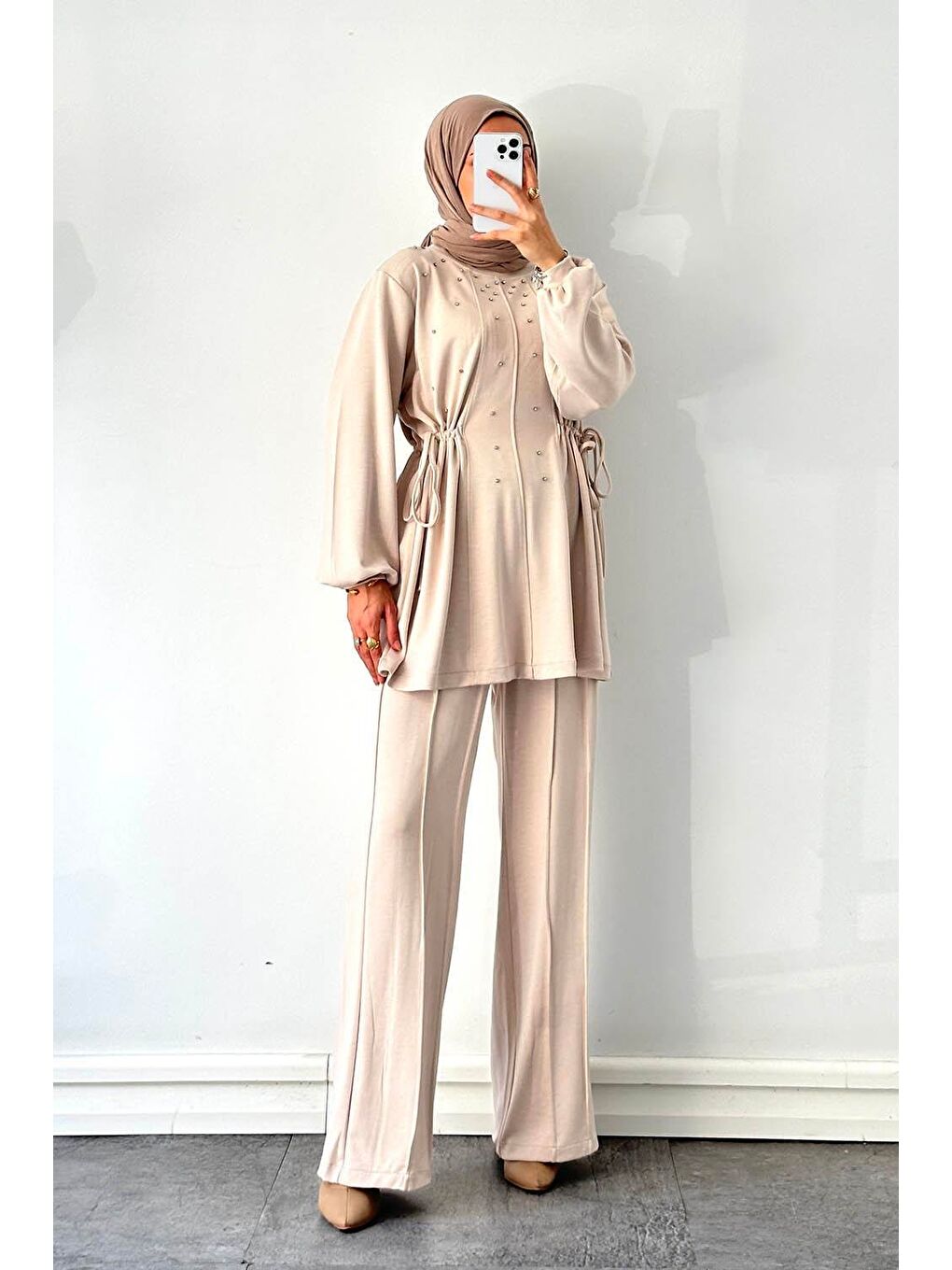 Ekru Taşlı İkili Takım Krem-3