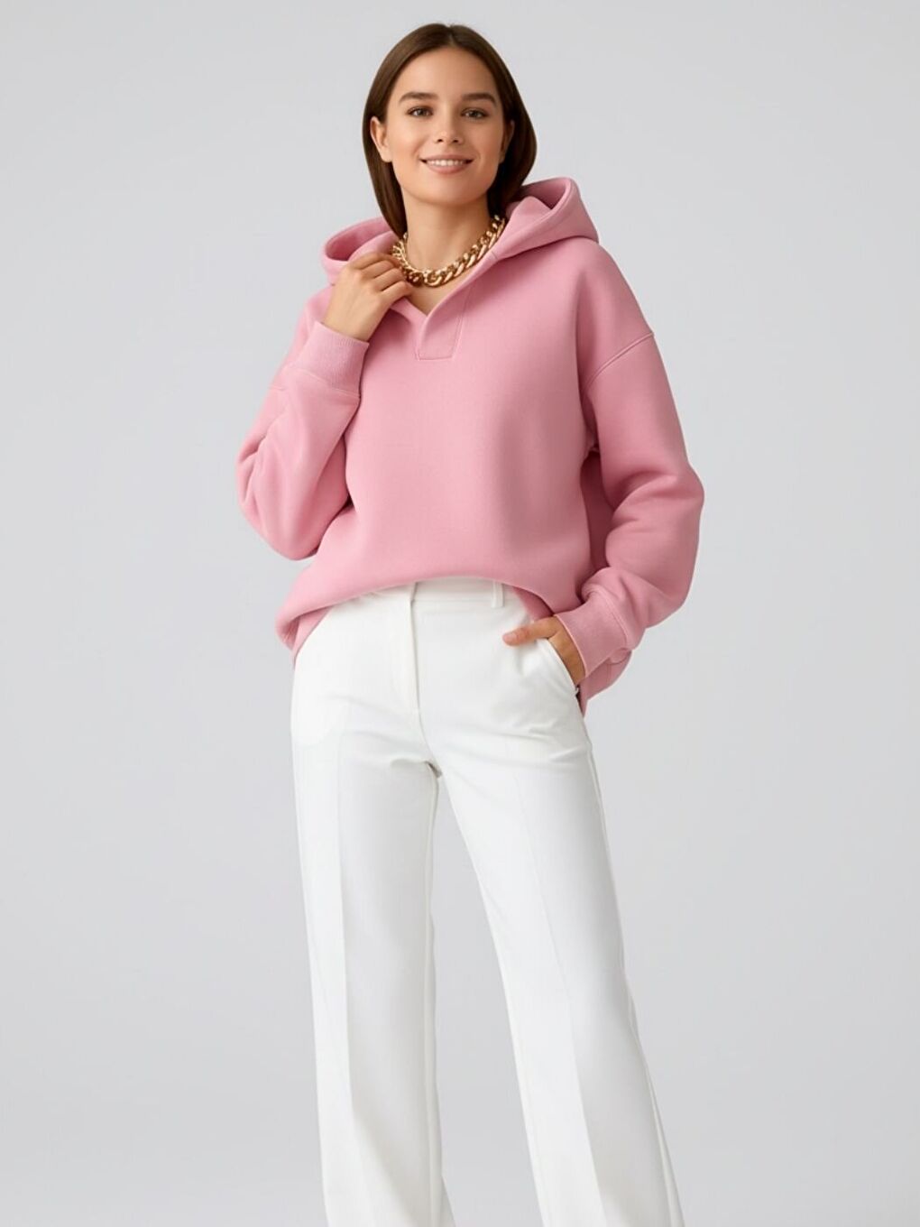 Pembe Relax Patlı Yaka Detay Oversize Kapüşonlu Sweatshirt-1