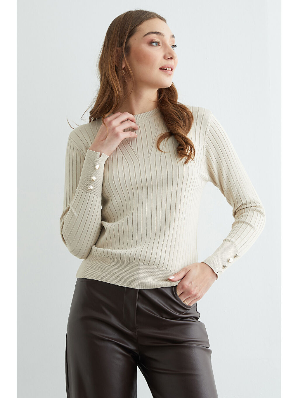 Bej Fitilli Bisiklet Yaka Triko Kazak-3