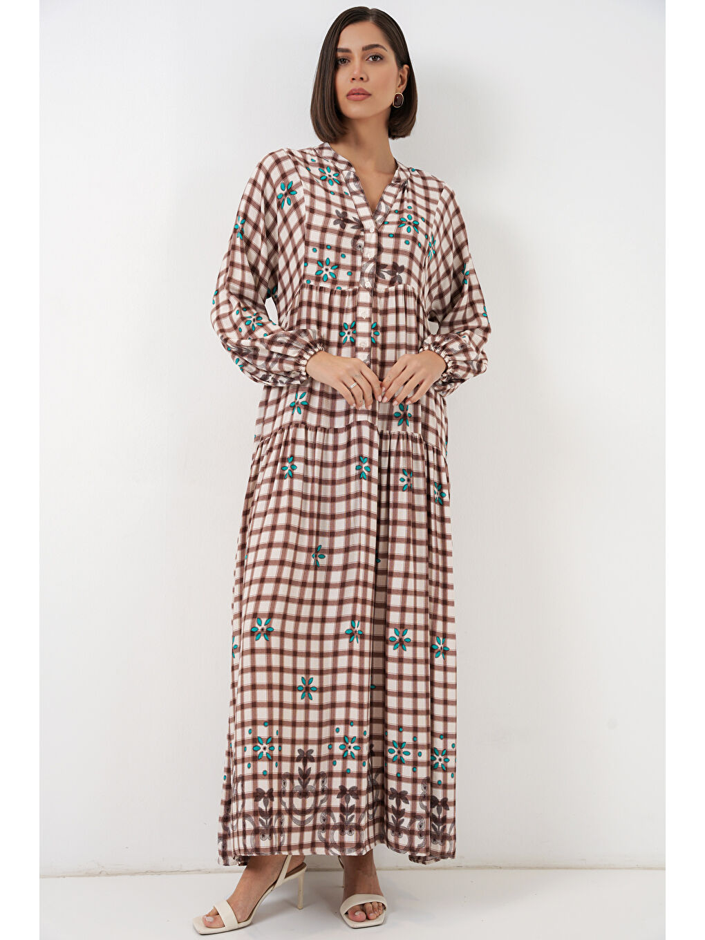 Kahverengi Kadın Desenli Uzun Tesettür Elbise 2585 - A.Taba-2