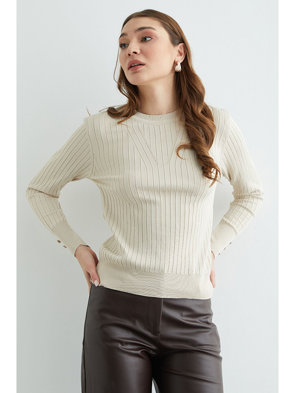 Bej Fitilli Bisiklet Yaka Triko Kazak-4