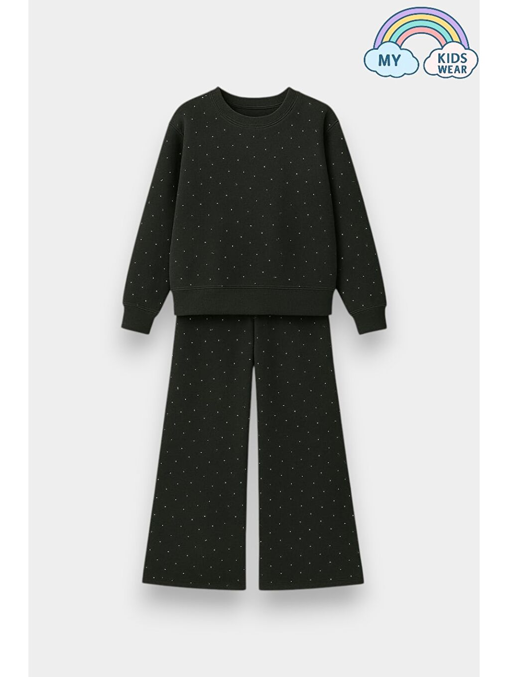 Siyah Kız Çocuk Taş Detaylı Salaş Bol Paça 2’li Eşofman Takımı 3-11 Yaş 12347-1