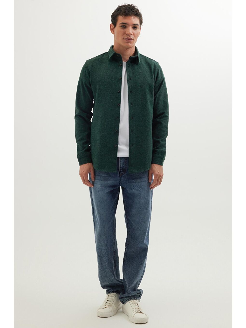 Erkek Slim Fit Dar Kesim Uzun Kollu Düz Kışlık Oduncu Yeşil Gömlek-3
