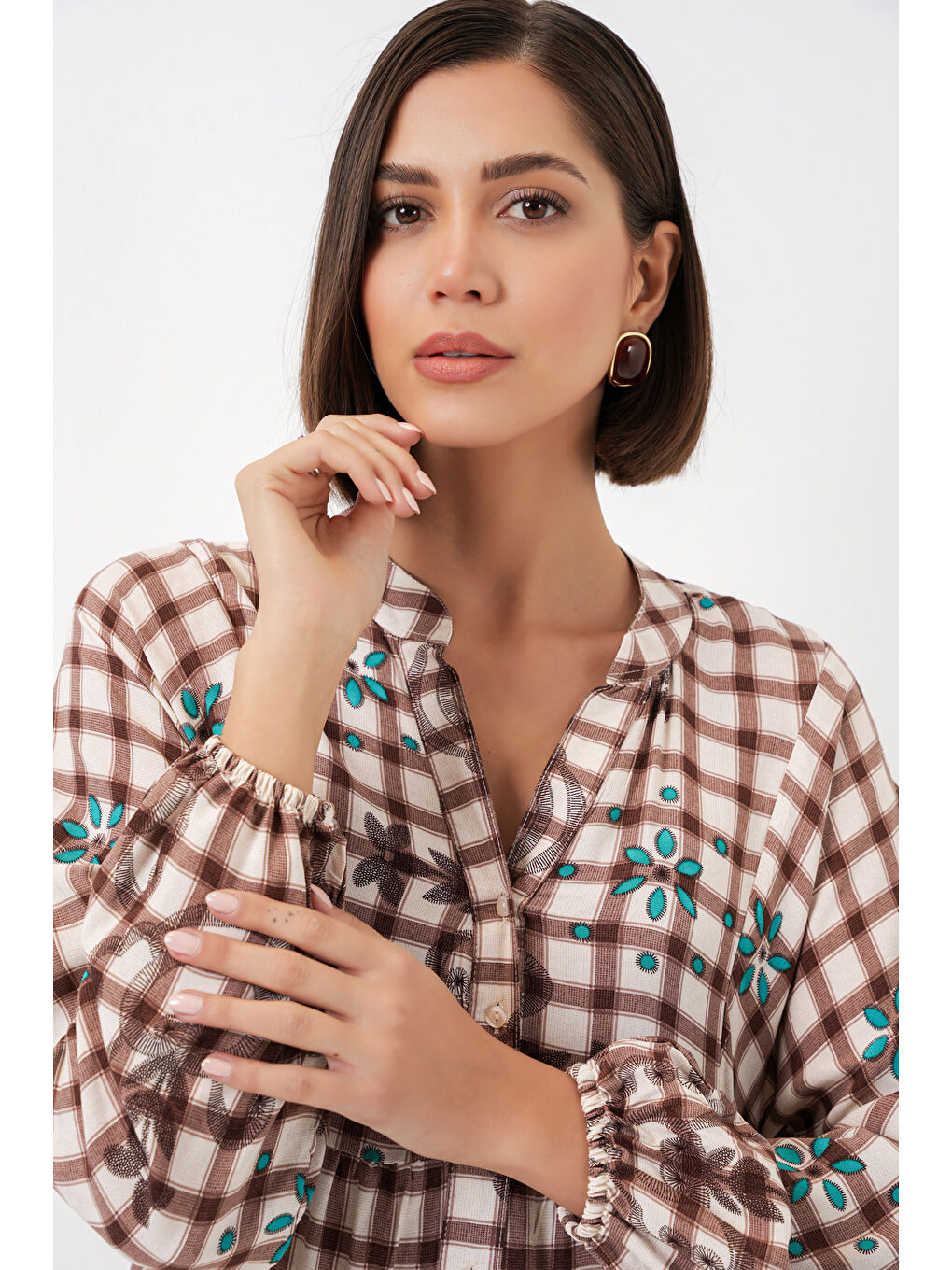 Kahverengi Kadın Desenli Uzun Tesettür Elbise 2585 - A.Taba-3