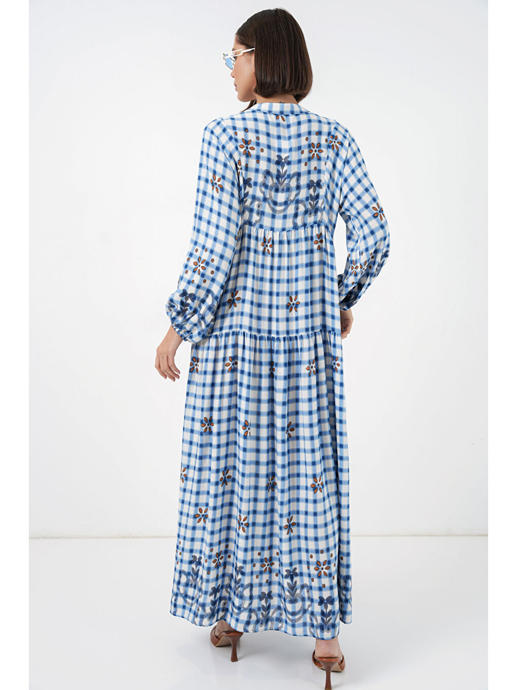 Kadın Desenli Uzun Tesettür Elbise 2585 - A.Mavi-4